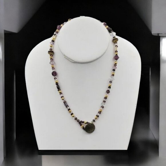 Vintage Glass Crystal Necklace Gold Tone Beads Purple Gold White Clear - Picture 3 of 7